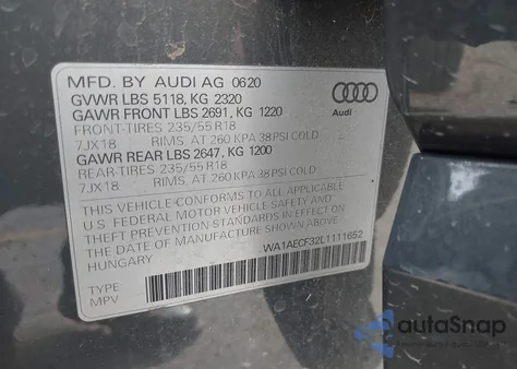 2020 Audi Q3 Premium 45 Tfsi Quattro Tiptronic z USA, uszkodzony, nr VIN WA1AECF32L1111652